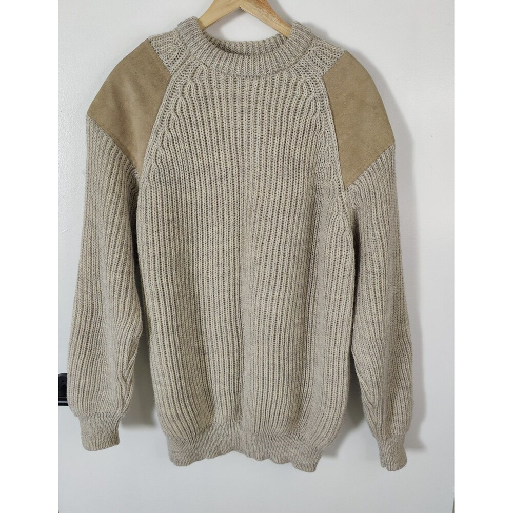 NIFFI Wool Sweater Mens 2XL Beige Heavy Knit Suede Elbow Shoulder Patch England